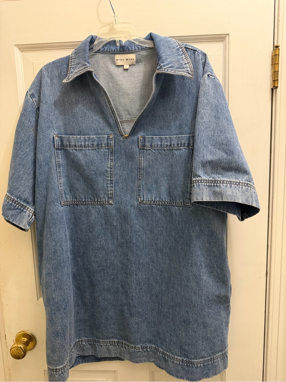 Women’s Denim Mini Dress Oversized Short Sleeve V-Neck Jean Shift Dress - Picture 2 of 5